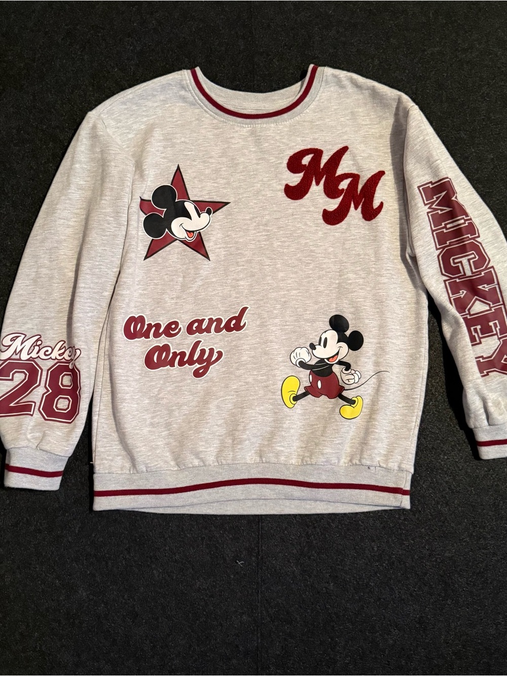 Disney Mickey Mouse Graphic Crewneck Embroidered Sweater - Grey & Maroon Medium